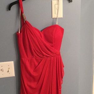 Red women’s one shoulder cocktail dress.